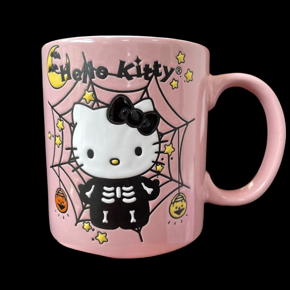 Hello Kitty Pink Halloween Mug Skeleton Black Cobweb Spider Web 20 oz New